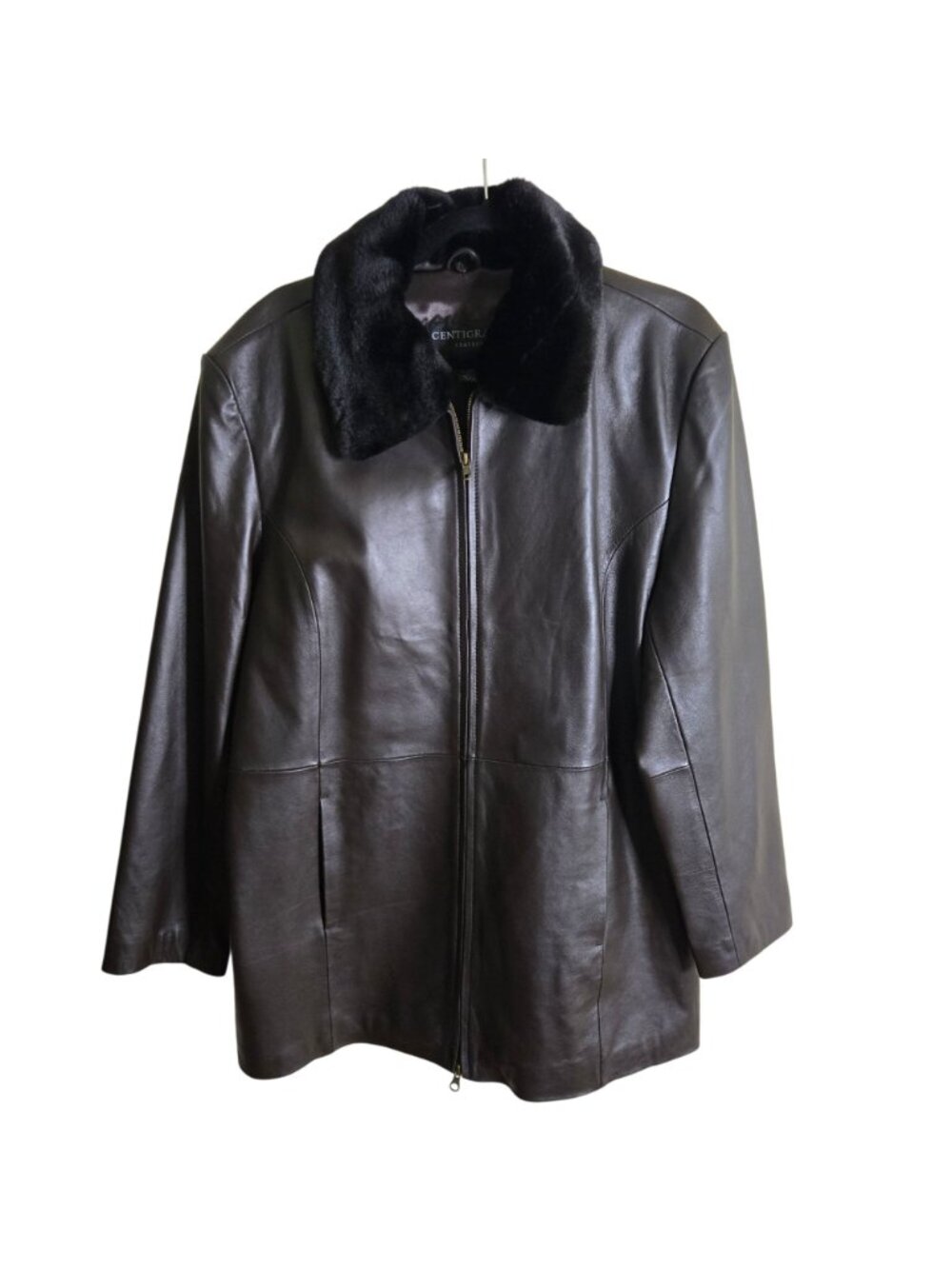 Centigrade Leather Espresso Brown Black Removable Faux Fur Collar Jacket Size L - Picture 2 of 7